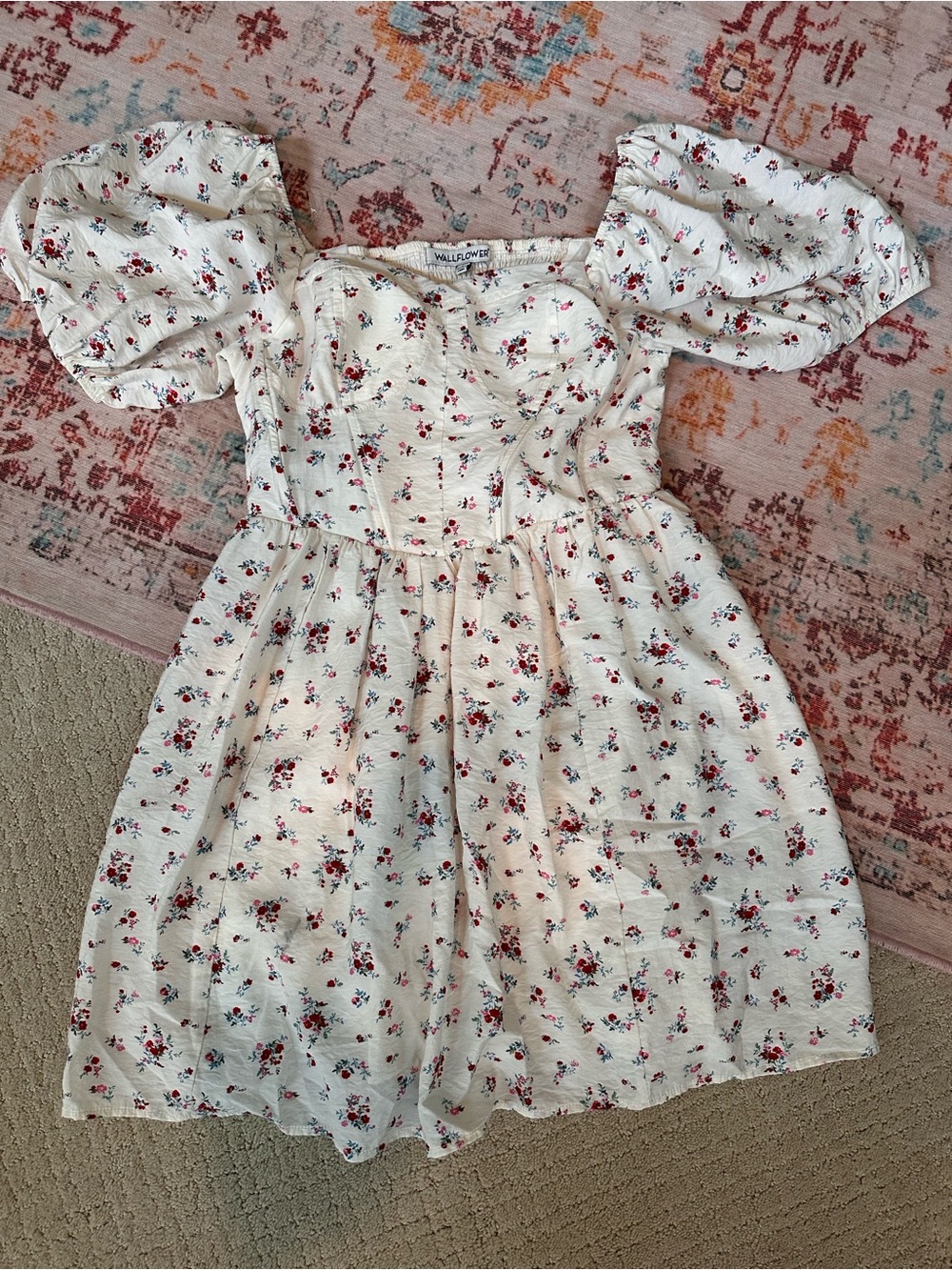 Wallflower Cream Dress with Red Floral Print and Puff Sleeves
